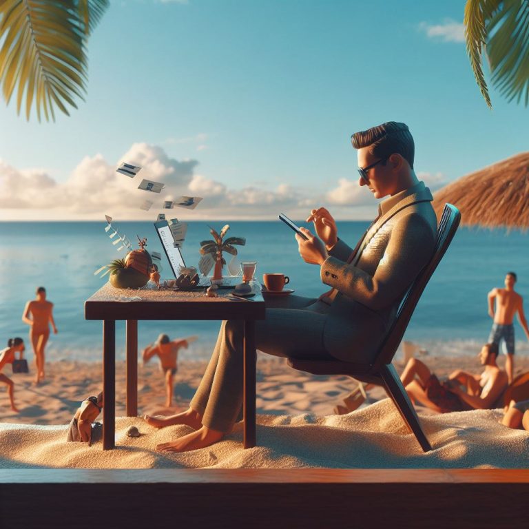 Create a realistic image that depicts a person enjoying their vacation or leisure time while constantly receiving work-related messages on their mobile phone. Showcase the tension between the individual's desire for digital disconnection and the persistent demands of work communication. The scene should convey a leisurely environment, such as a beach or a relaxing setting, with the person visibly conflicted by the intrusion of work messages. Emphasize the importance of the right to digital disconnection, balancing the need for personal time with professional responsibilities. Consider including visual elements that symbolize relaxation, such as vacation accessories, alongside the persistent presence of work-related notifications."